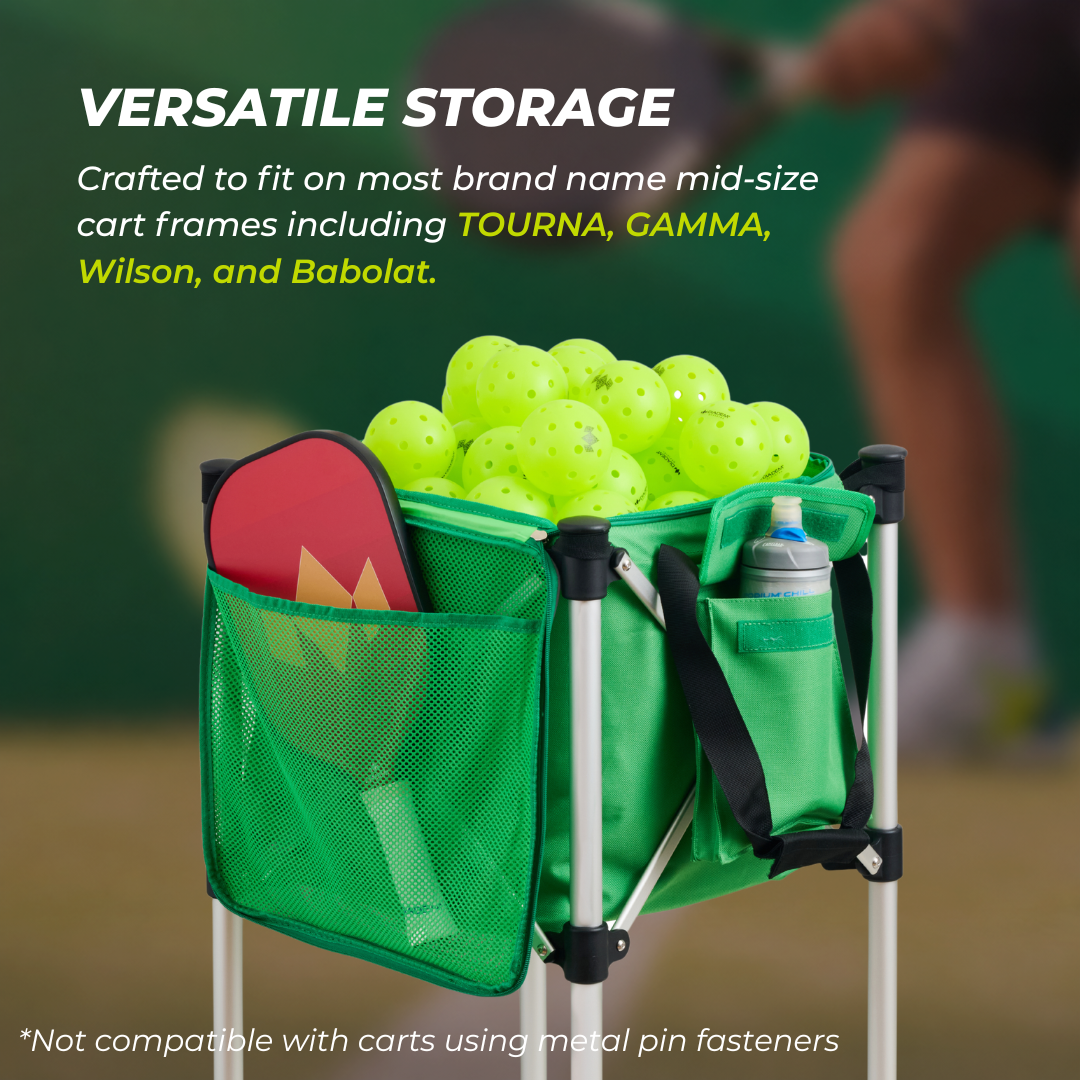 Ball Tote versatile storage graphic: fits TOURNA, GAMMA, Wilson, and Babolat cart frames