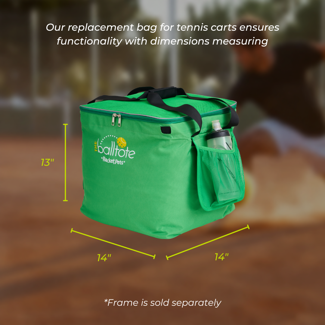 Green replacement bag for tennis carts with dimensions
