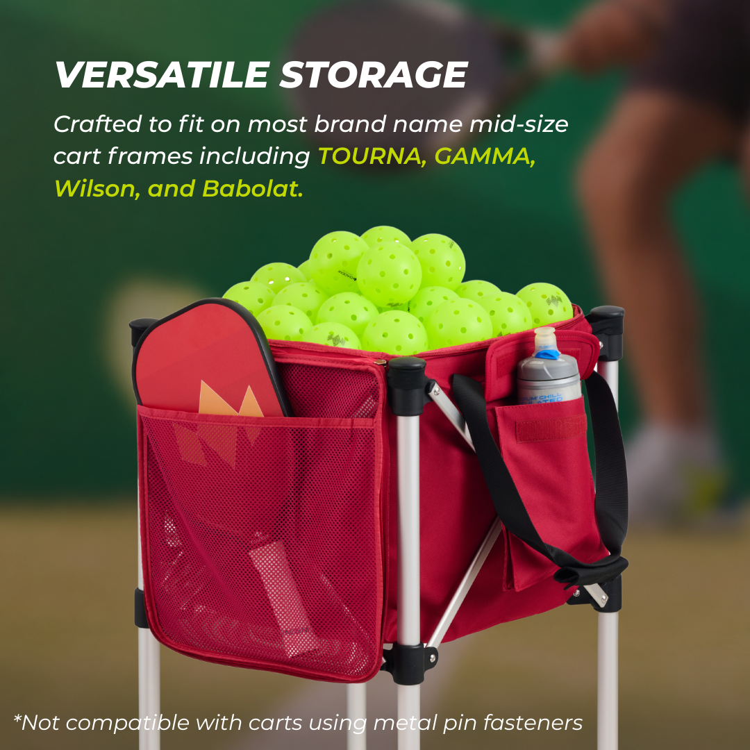 Ball Tote versatile storage graphic: fits TOURNA, GAMMA, Wilson, and Babolat cart frames