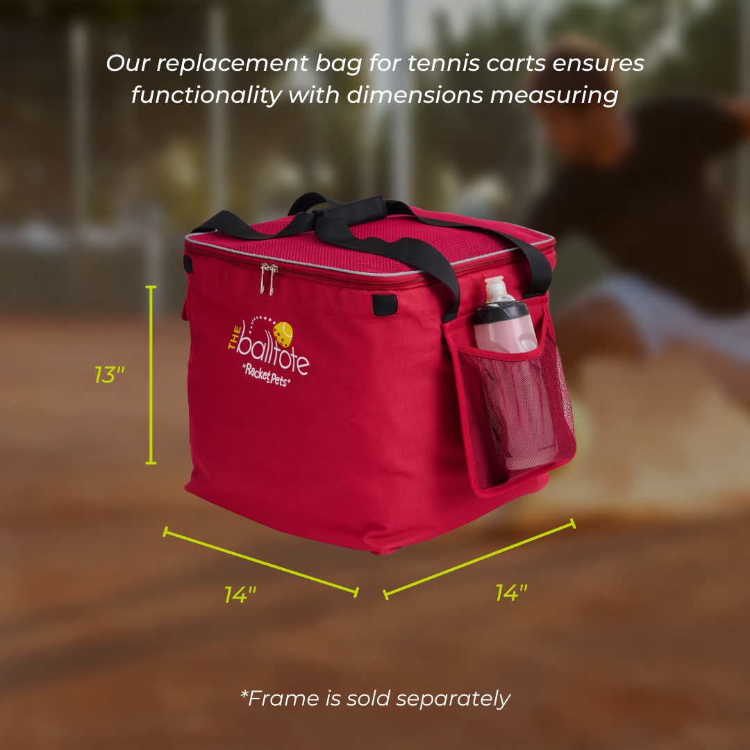 Red replacement bag for tennis carts with dimensions