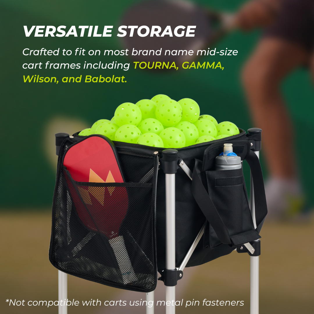 Ball Tote versatile storage graphic: fits TOURNA, GAMMA, Wilson, and Babolat cart frames