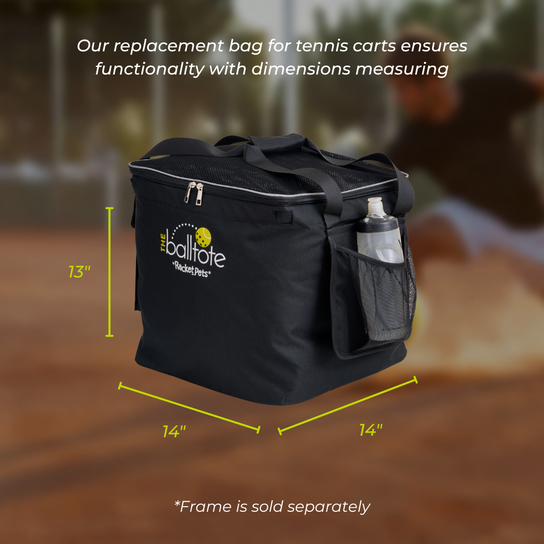 Black replacement bag for tennis carts with dimensions