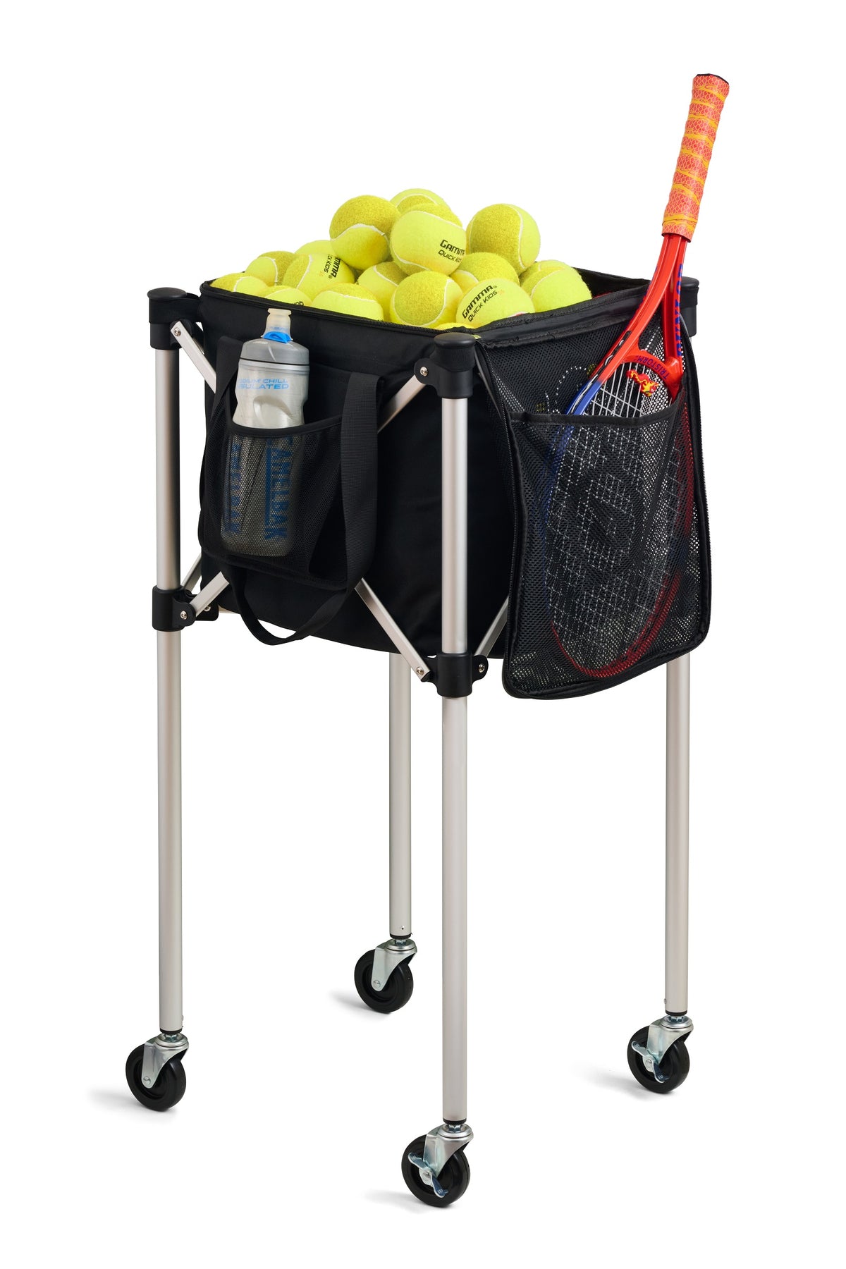 Black Ball Tote on teaching cart filled with tennis balls, racket in side pocket