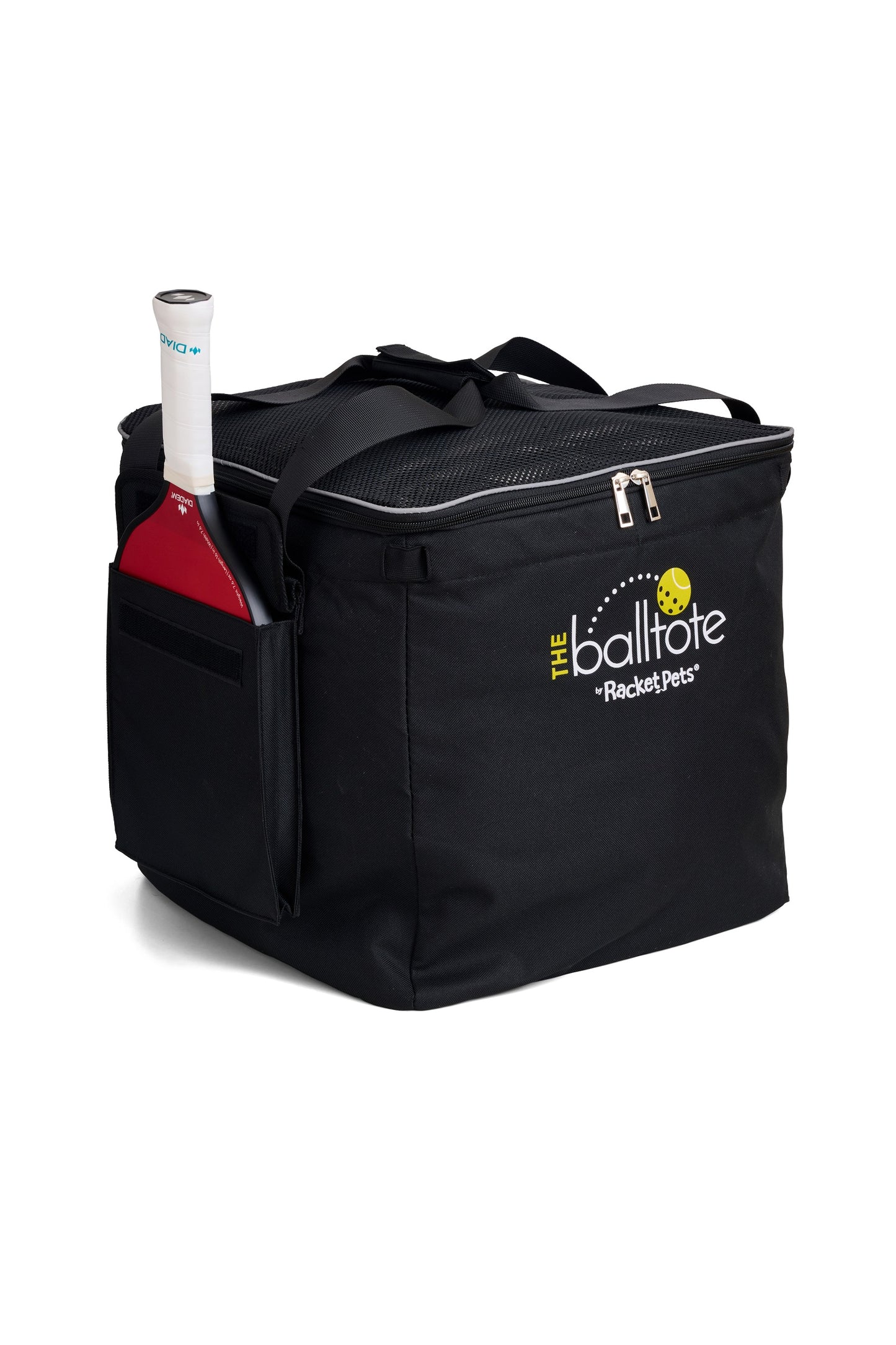 Black Ball Tote side view with redesigned pocket