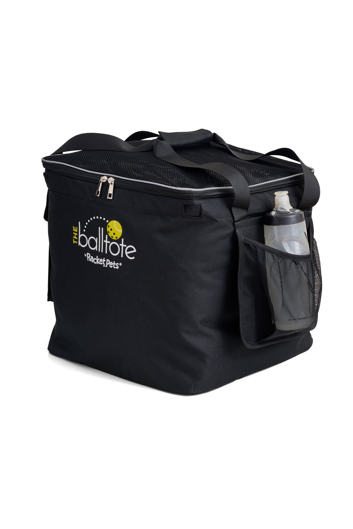 Black Ball Tote side view with water bottle in redesigned pocket
