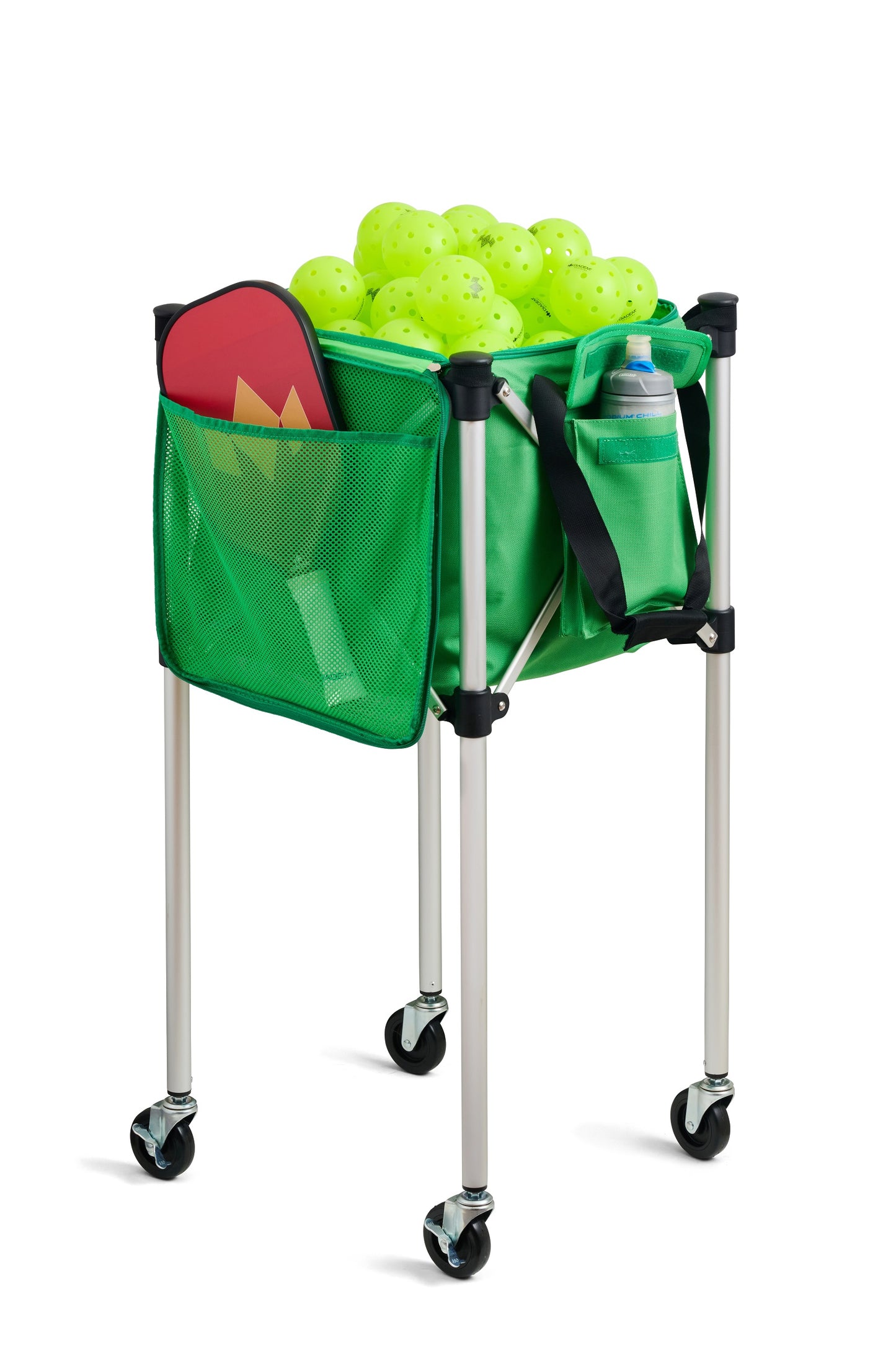 Green Ball Tote on teaching cart filled with pickleballs
