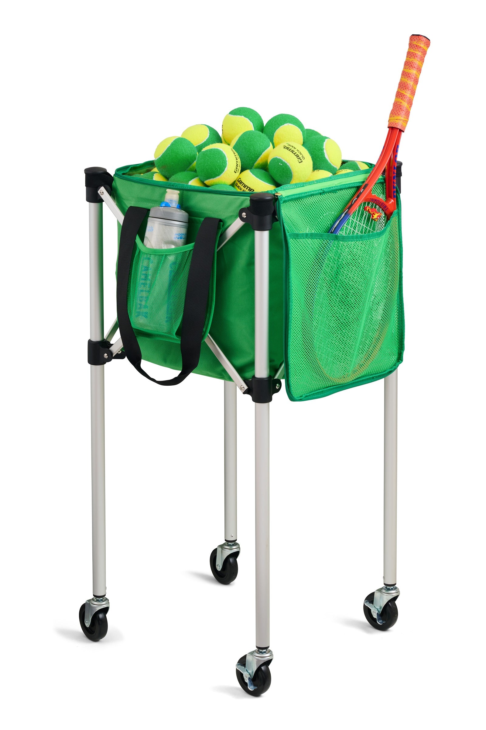 Green Ball Tote on teaching cart filled with tennis balls, racket in side pocket