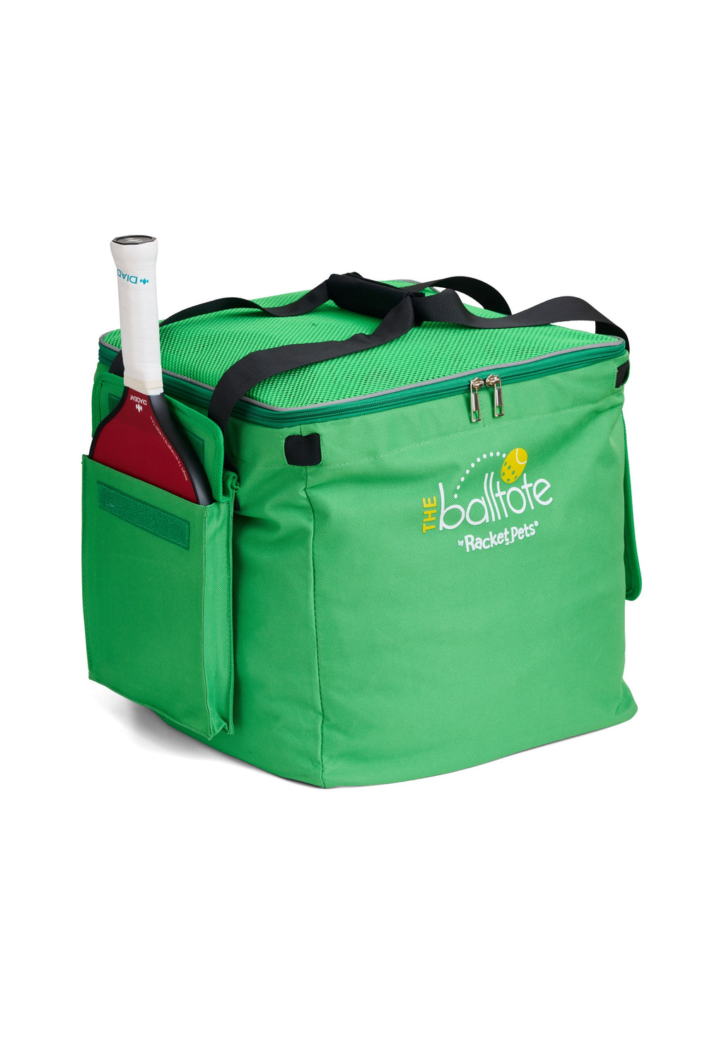Green Ball Tote side view with redesigned pocket