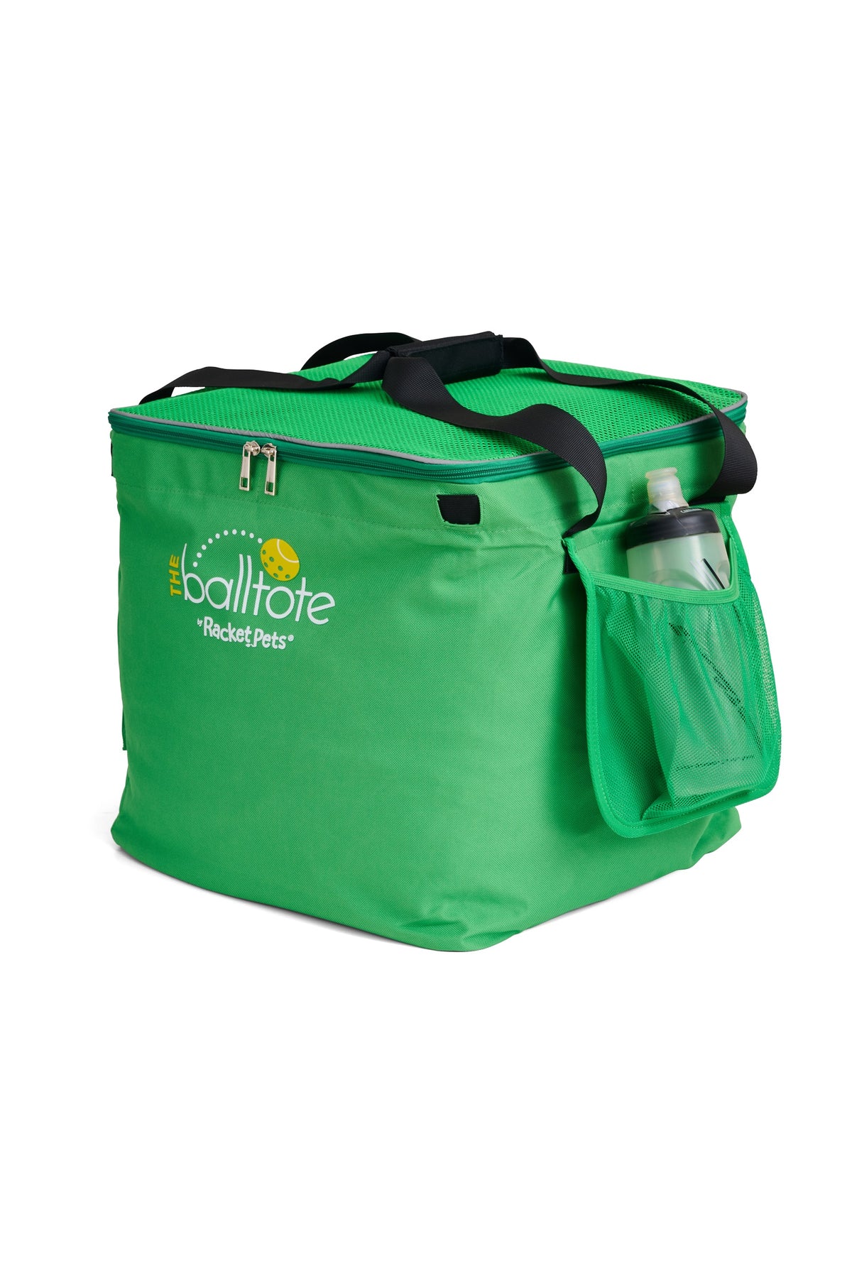 Green Ball Tote side view with water bottle in redesigned pocket