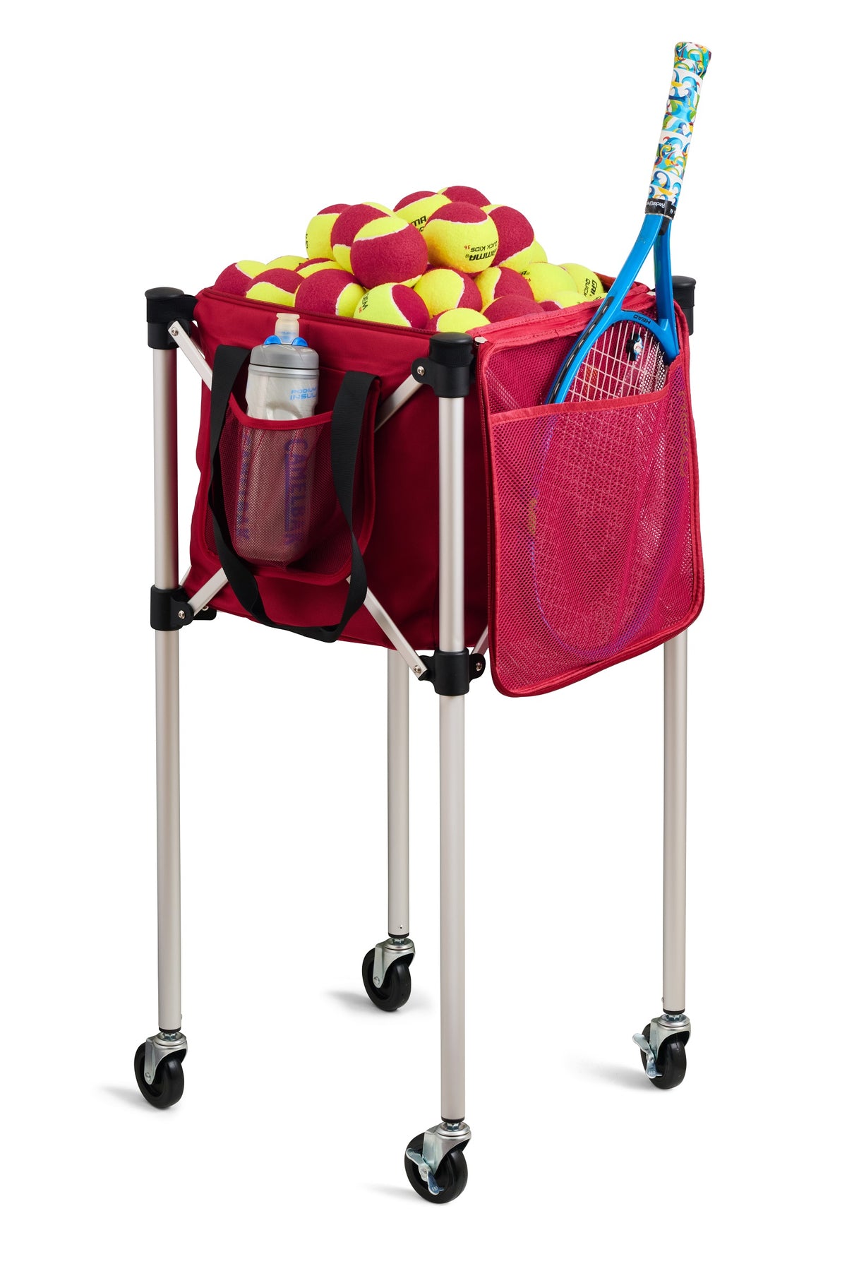Red Ball Tote on teaching cart filled with tennis balls, racket in side pocket