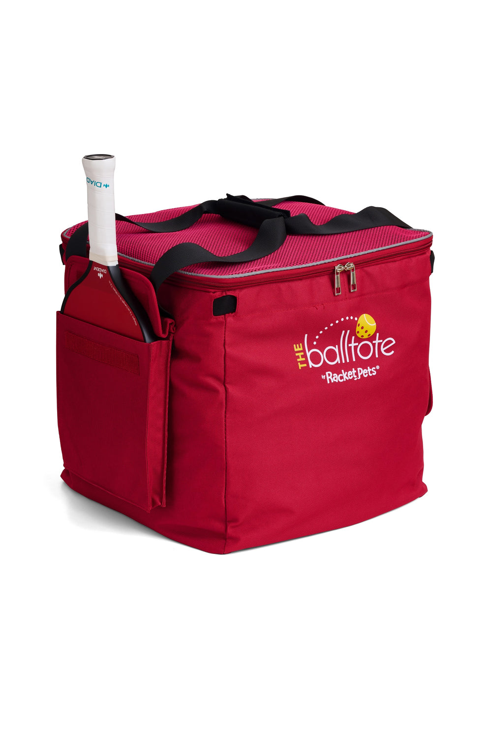 Red Ball Tote side view with redesigned pocket