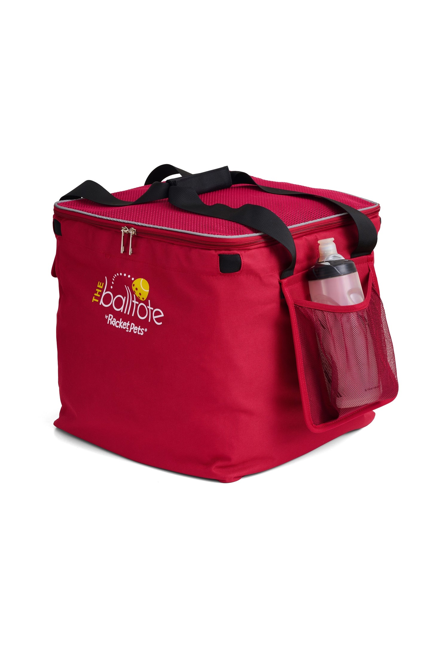 Red Ball Tote side view with water bottle in redesigned pocket