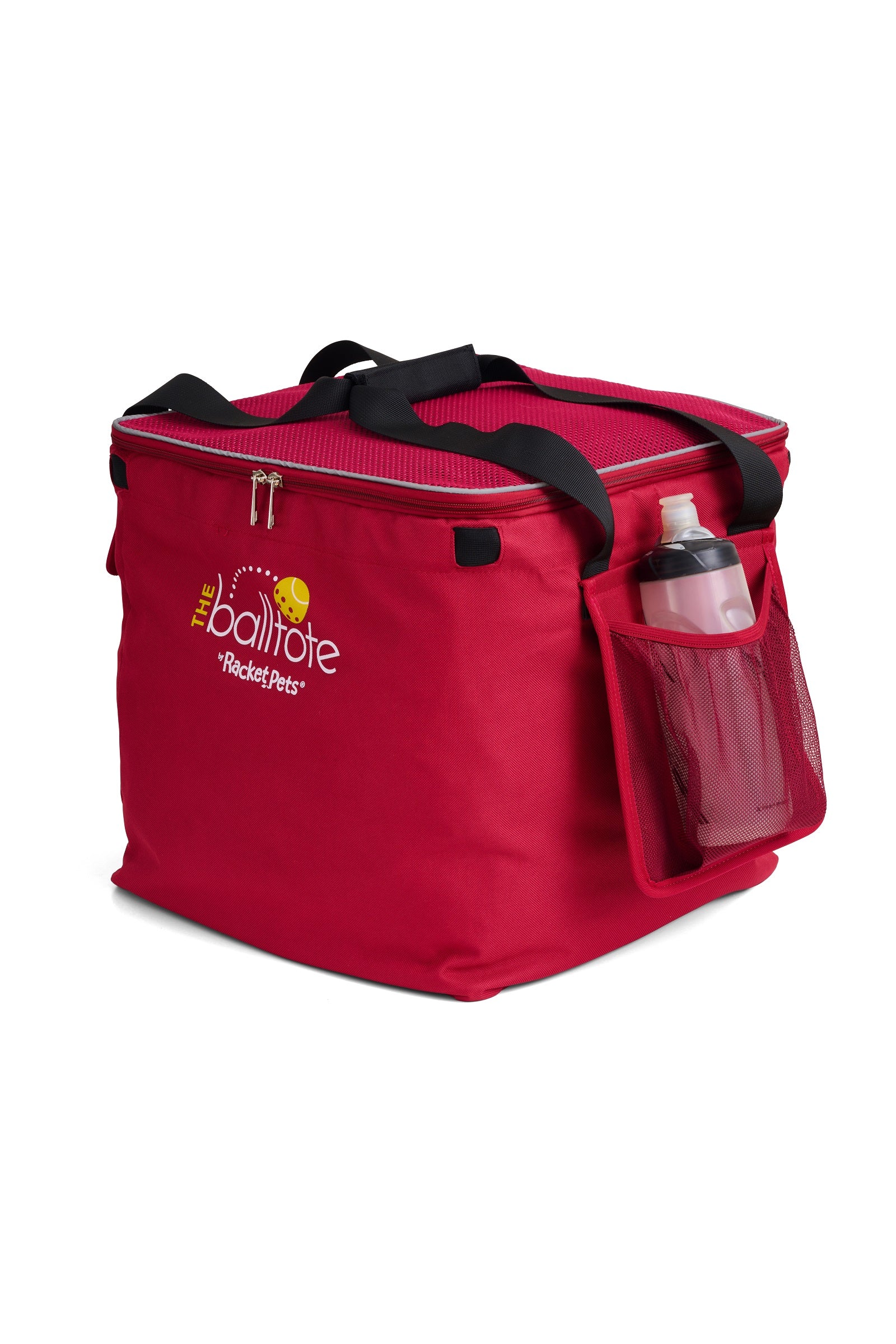 Red Ball Tote side view with water bottle in redesigned pocket