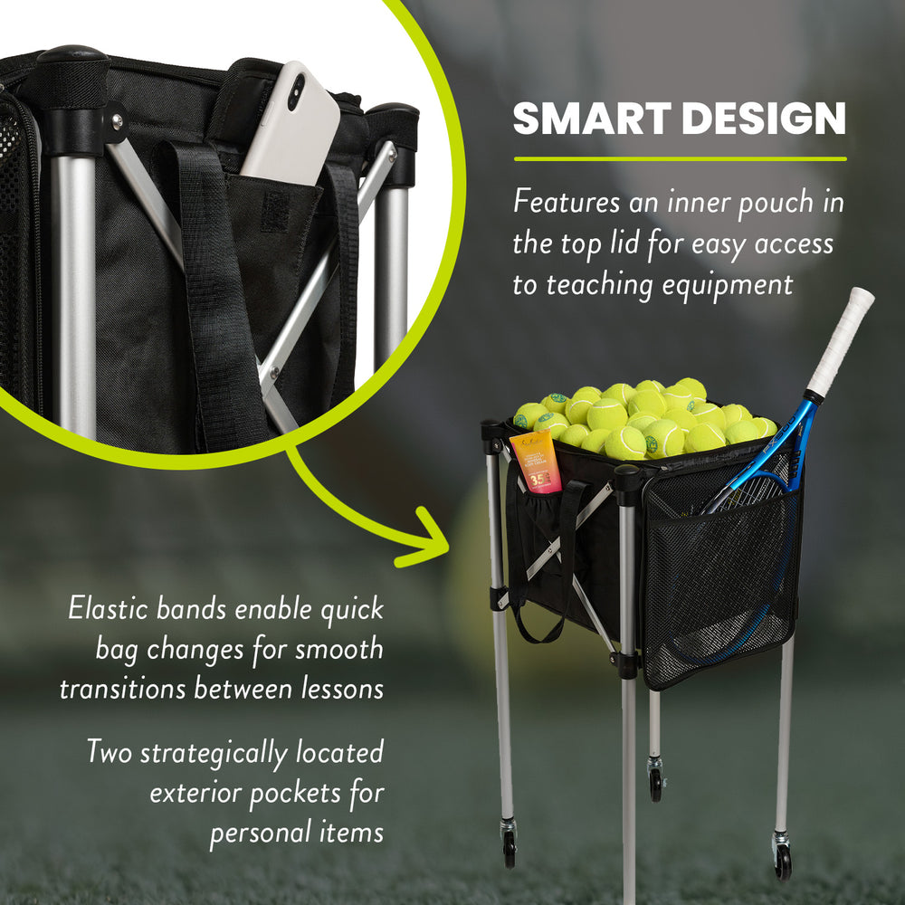 Ball Tote & Cart - Portable Teaching Cart with Black Ball Tote Bag for Tennis and Pickleball Pros