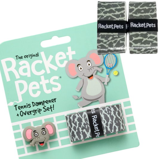 VALUE PACK - A Gray Elephant Racket Pet Tennis Dampener and Overgrip Tape with a (Pack of 2) Replacement Overgrip Tape
