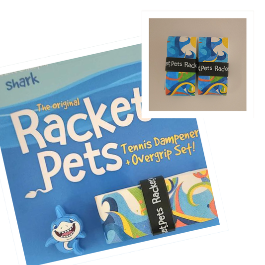 VALUE PACK - A Blue Shark Racket Pet Tennis Dampener and Blue Overgrip Tape with a (Pack of 2) Replacement Overgrip Tape