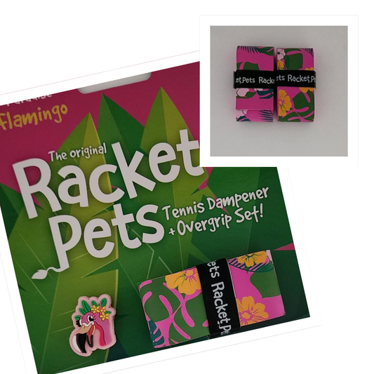 VALUE PACK - A Pink Flamingo Racket Pet Tennis Dampener and Pink Overgrip Tape with a (Pack of 2) Replacement Overgrip Tape