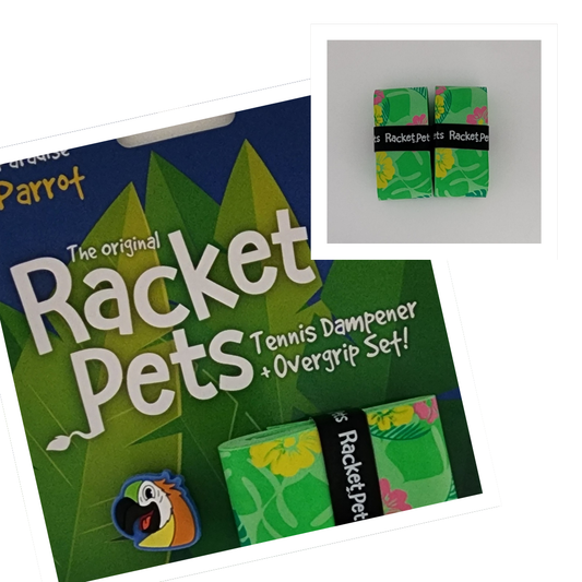 VALUE PACK - A Green Parrot Racket Pet Tennis Dampener and Green Overgrip Tape with a (Pack of 2) Replacement Overgrip Tape (Copy)