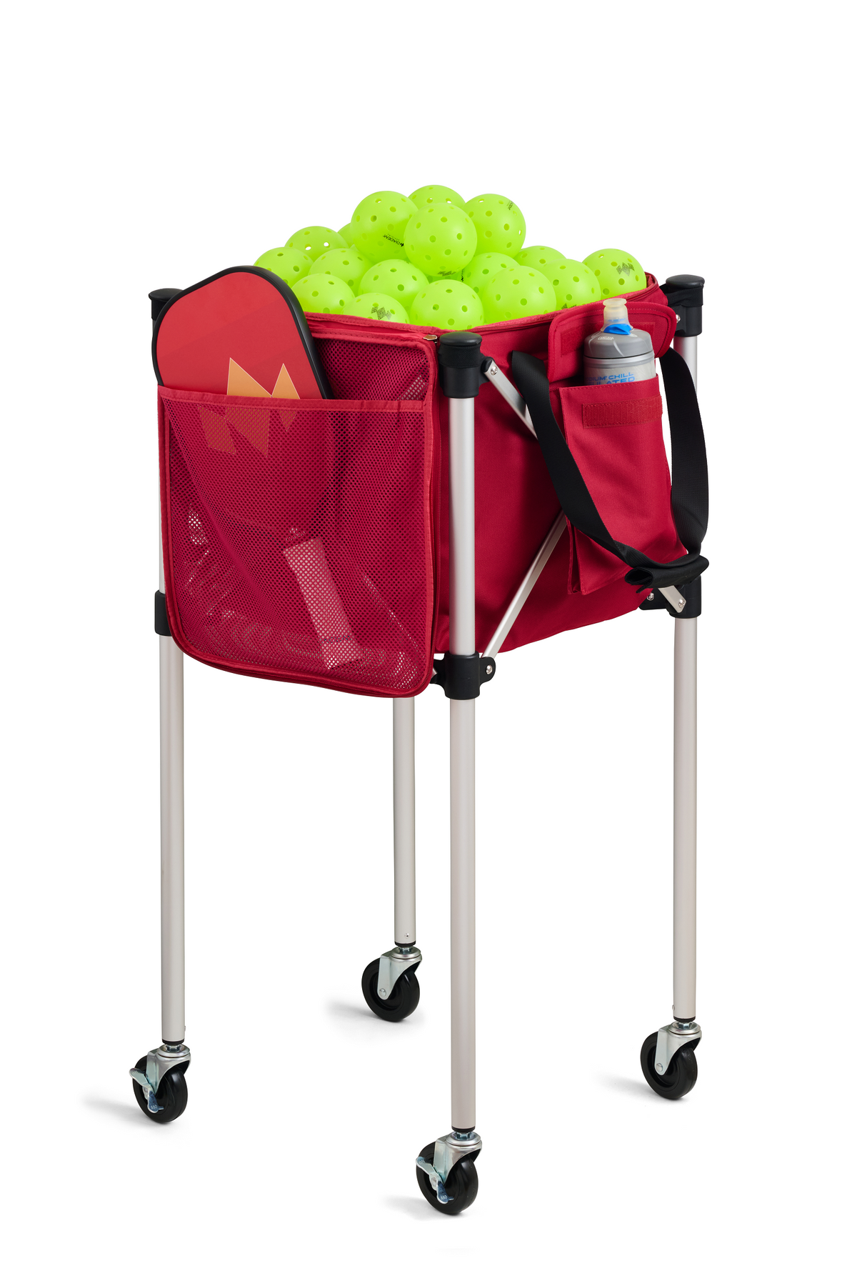 Red Ball Tote on teaching cart filled with pickleballs