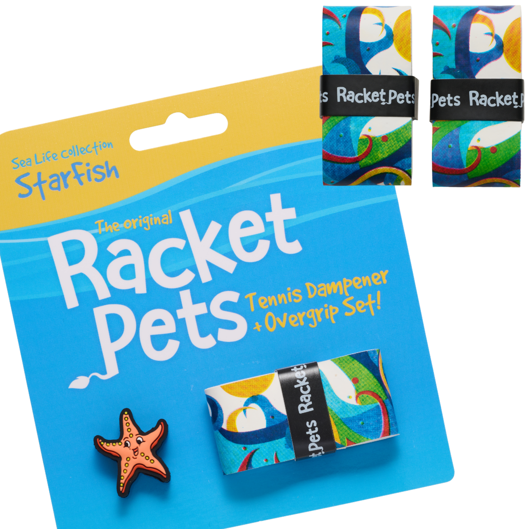 VALUE PACK - An Orange Starfish Racket Pet Tennis Dampener and Blue Overgrip Tape with a (Pack of 2) Replacement Overgrip Tape (Copy) (Copy)