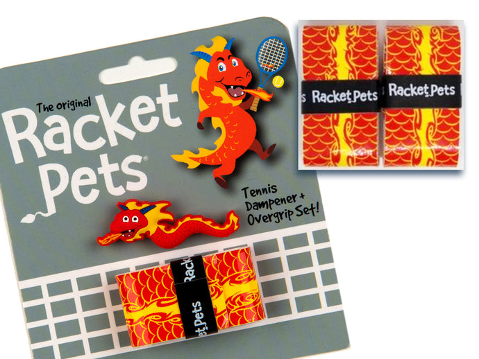 Value Pack - A Red Dragon Racket Pet Tennis Dampener and Overgrip Tape with a (Pack of 2) Replacement Overgrip Tape