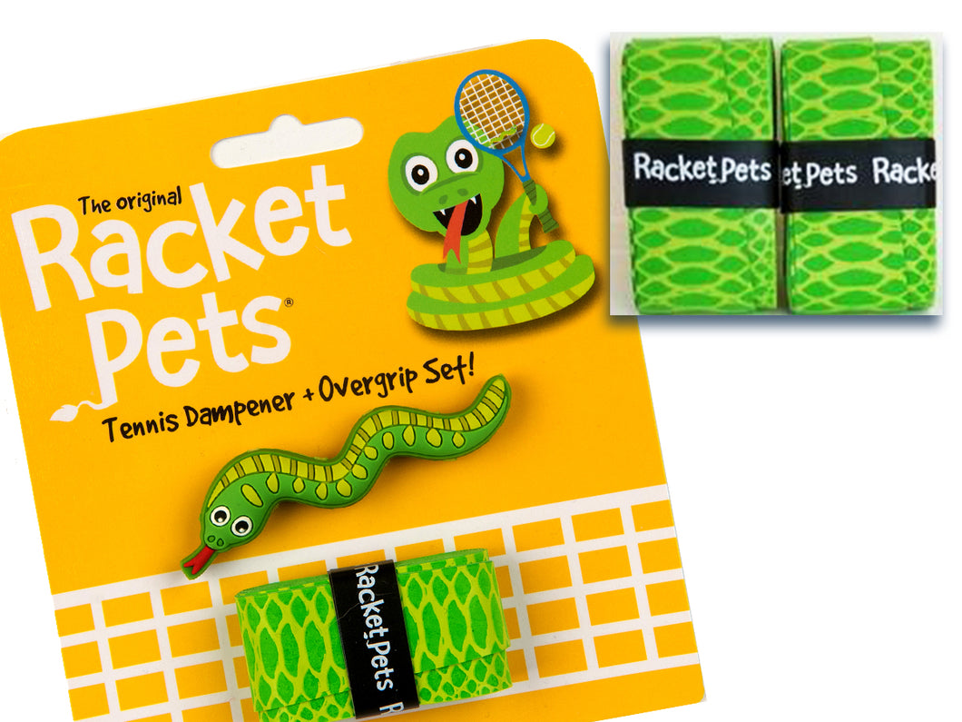 VALUE PACK - A Green Snake Racket Pet Tennis Dampener and Overgrip Tape with a (Pack of 2) Replacement Overgrip Tape