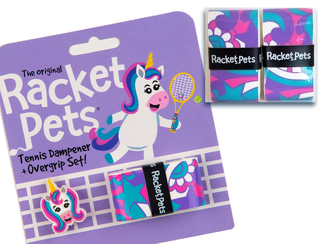 VALUE PACK - A Pink and Purple Unicorn Racket Pet Tennis Dampener and Overgrip Tape with a (Pack of 2) Replacement Overgrip Tape