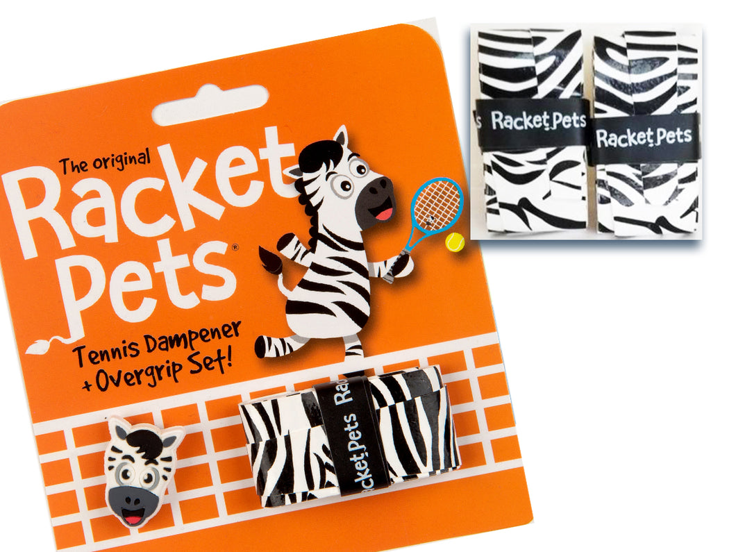 VALUE PACK - A Black and White Zebra Racket Pet Tennis Dampener and Overgrip Tape with a (Pack of 2) Replacement Overgrip Tape