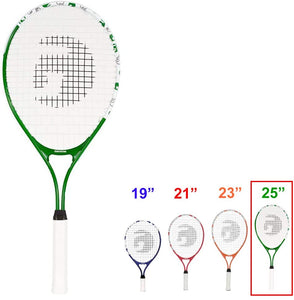 A Racket Pet Dampener and Overgrip Set with a Green 25 Inch Gamma Junior Tennis Racquet