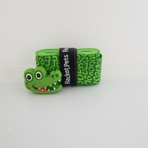 Alligator green tennis grip tape and shock absorber dampener