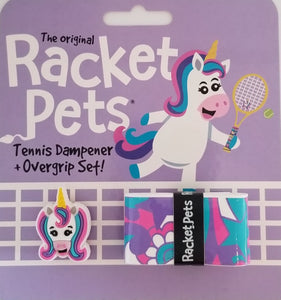 A Racket Pet Dampener and Overgrip Set with a Green 25 Inch Gamma Junior Tennis Racquet